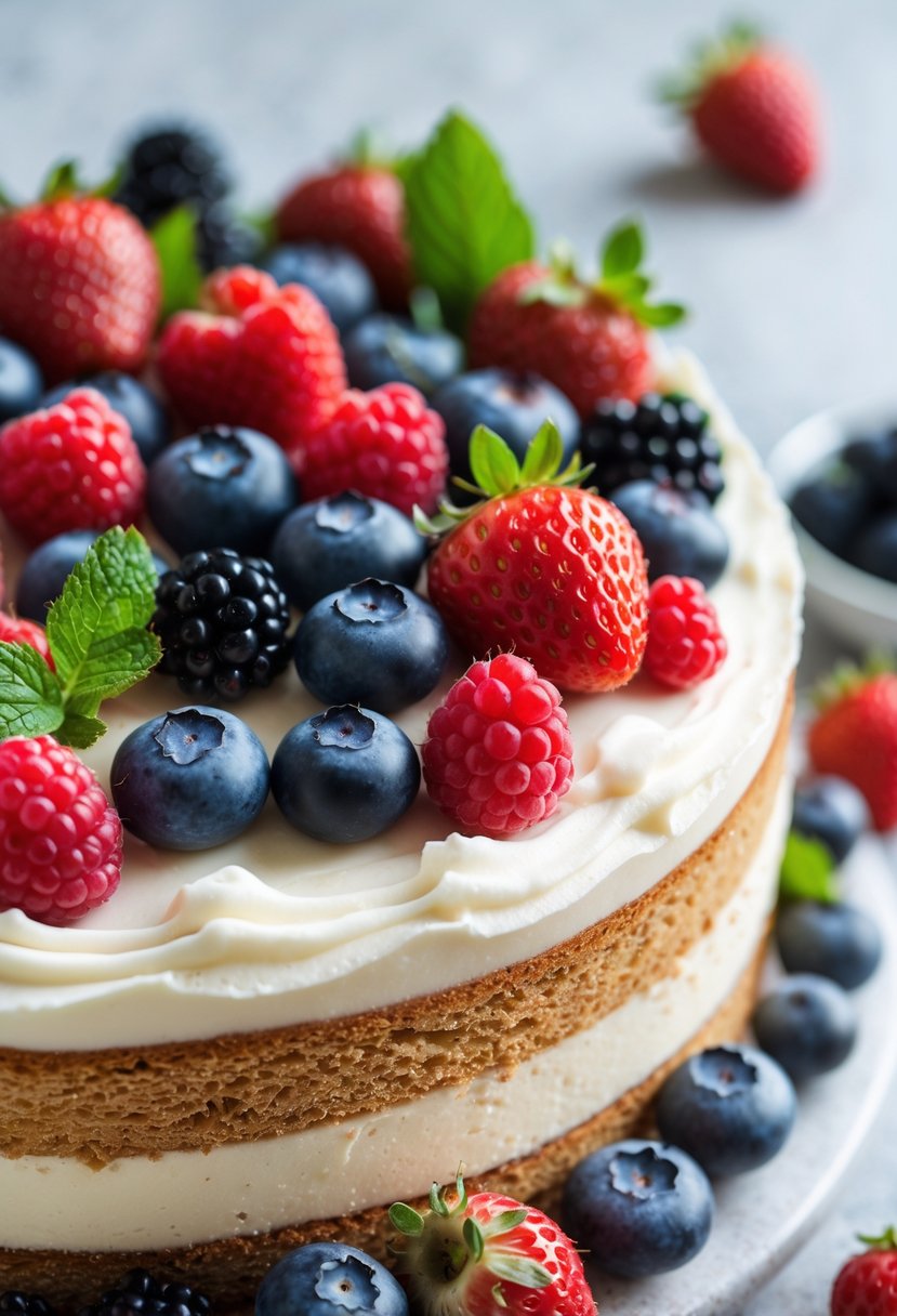 Close-up of a tiramisu cake decorated with a variety of fresh mixed berries arranged on top.