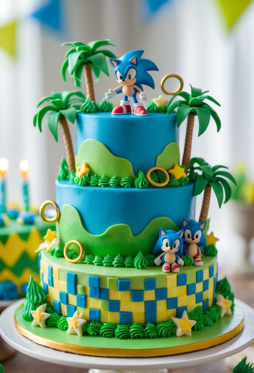 A colorful multi-tiered birthday cake decorated with Sonic the Hedgehog-themed elements, including rings, characters, and palm trees.