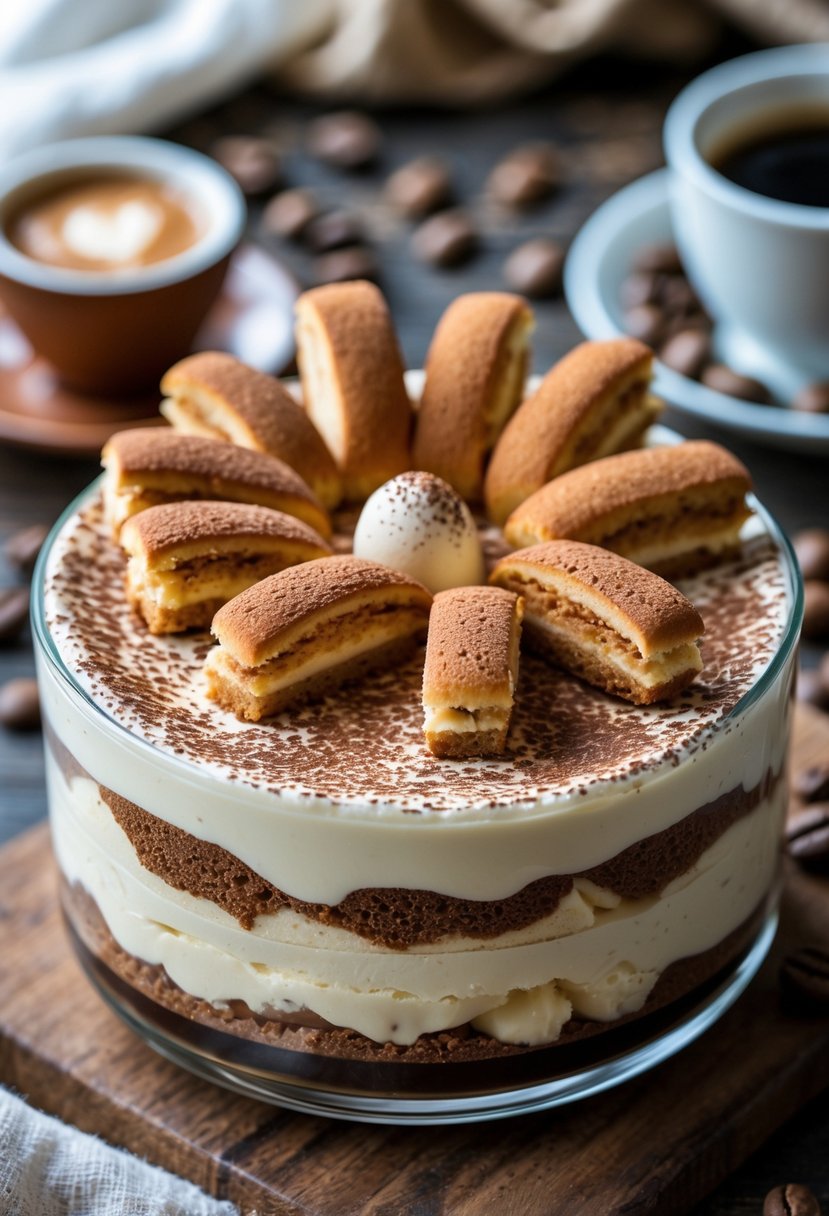 Close-up of a tiramisu dessert topped with espresso-soaked ladyfingers and cocoa powder on a wooden table.