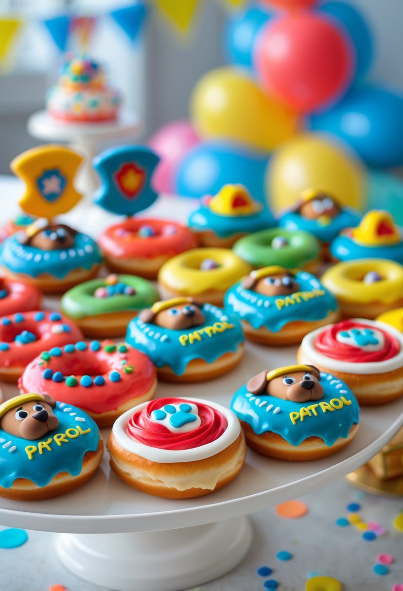 A platter of colorful donuts decorated with paw prints and dog-themed designs arranged on a table with soft pastel background.