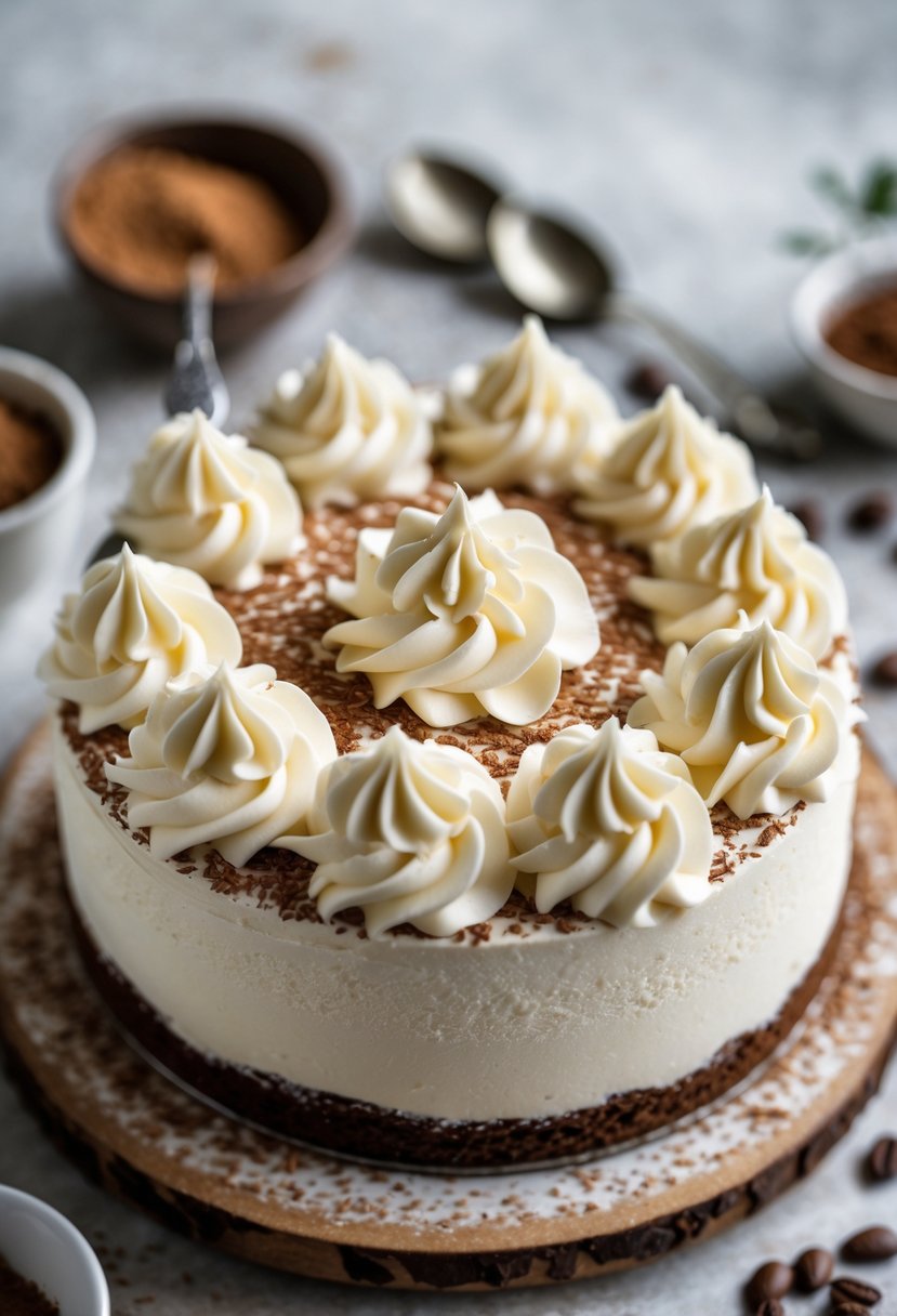 Close-up of a tiramisu cake decorated with piped mascarpone cream rosettes on a wooden table with cocoa powder and coffee beans nearby.