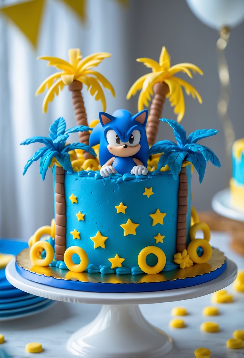 A Sonic-themed birthday cake decorated with edible palm trees and golden rings on a white cake stand.