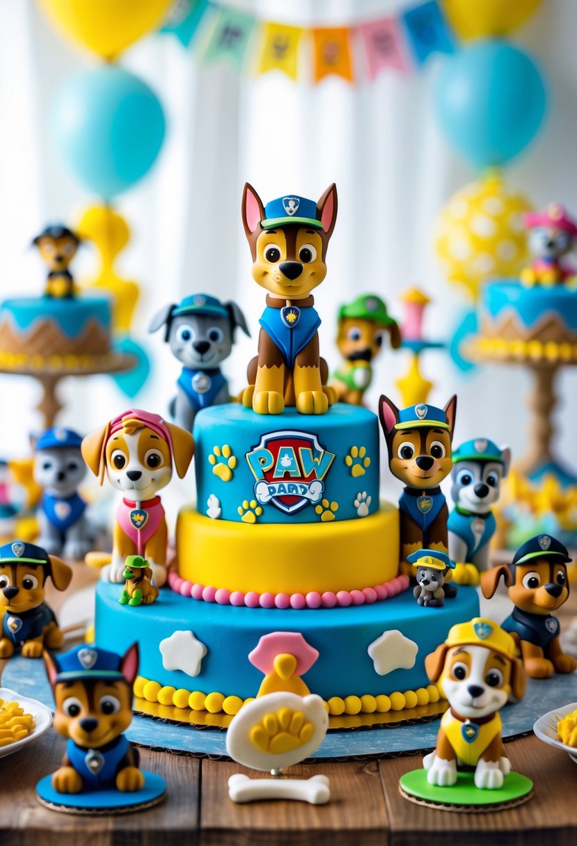 A table displaying colorful Paw Patrol cake toppers arranged with small decorations and birthday party items in the background.