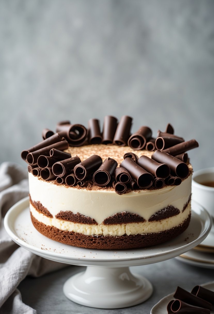 Close-up of a tiramisu cake topped with dark chocolate curls on a white plate.