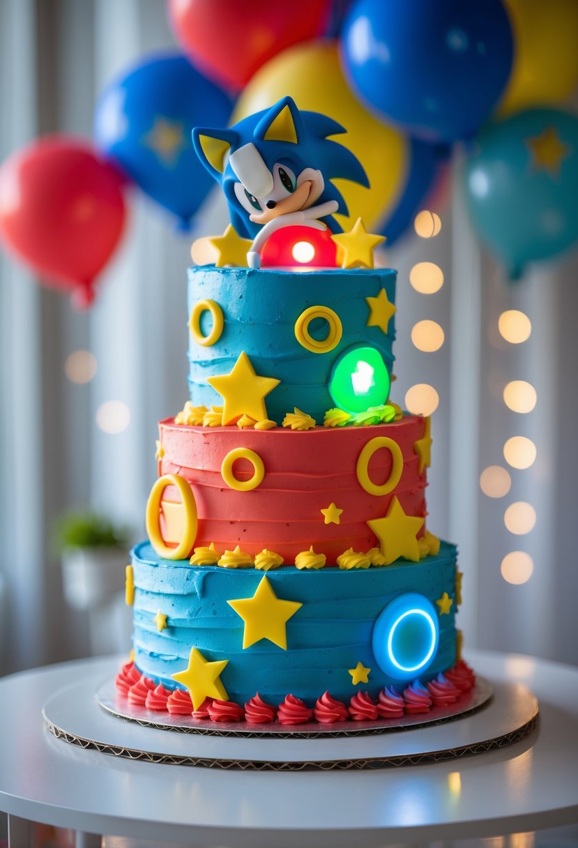 A colorful multi-tiered birthday cake decorated with Sonic the Hedgehog-themed designs and glowing light-up elements on a table at a party.