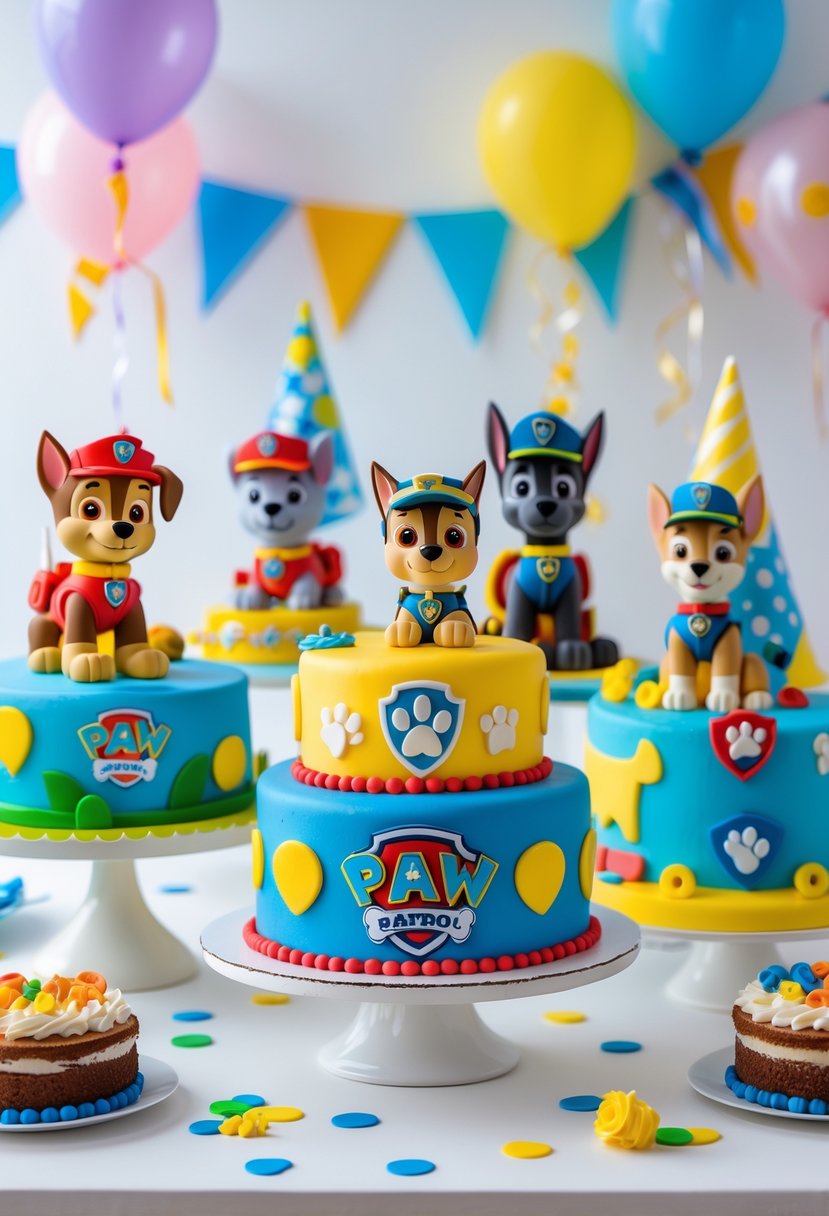 A table displaying several colorful Paw Patrol-themed cakes decorated with edible character figures and party decorations.