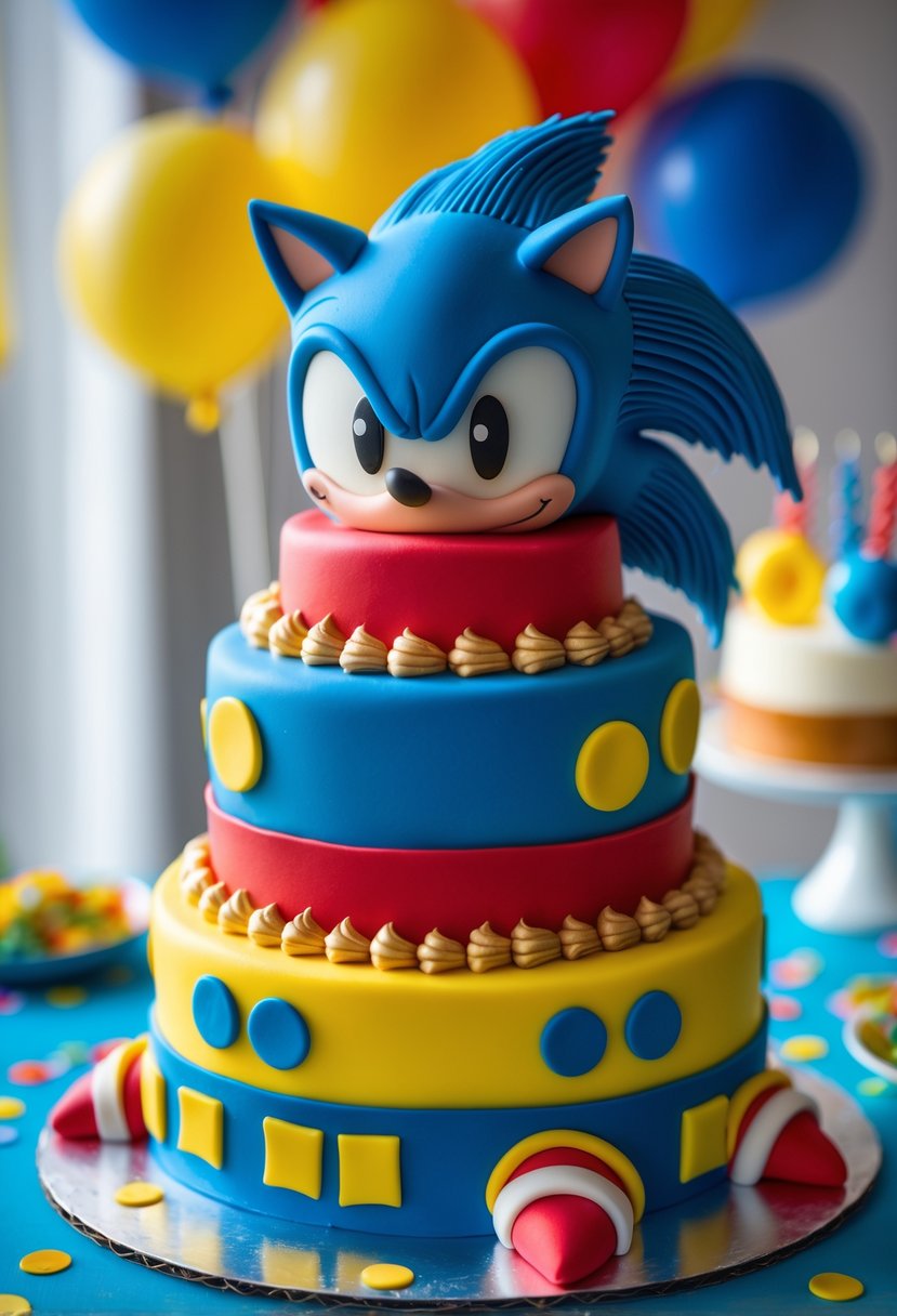 A multi-tiered birthday cake decorated with Sonic the Hedgehog themed designs and bright colors, surrounded by party decorations.