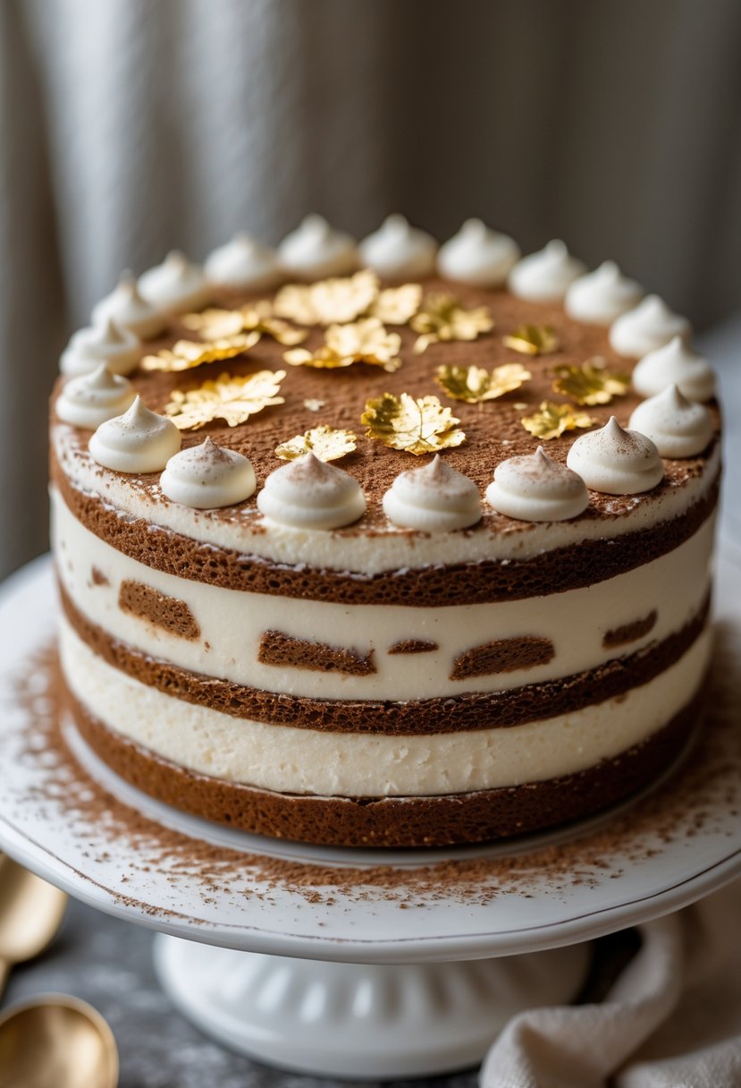A close-up of a tiramisu cake decorated with edible gold leaf flakes on top.
