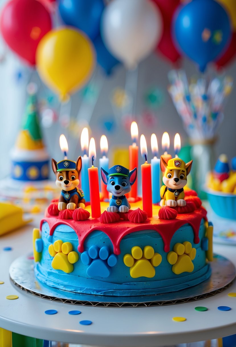 A birthday cake with Paw Patrol themed candles on top, surrounded by party decorations.