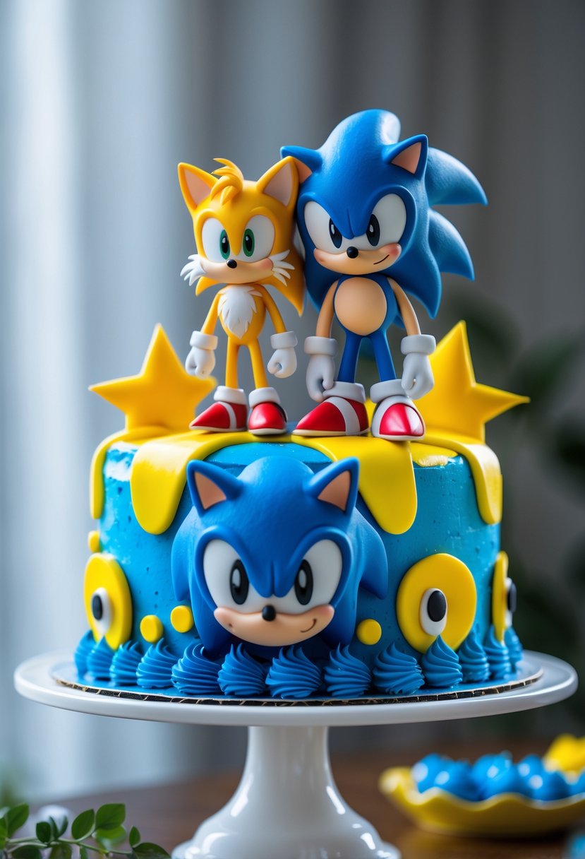 A birthday cake decorated with Sonic the Hedgehog and Tails character figurines on top.