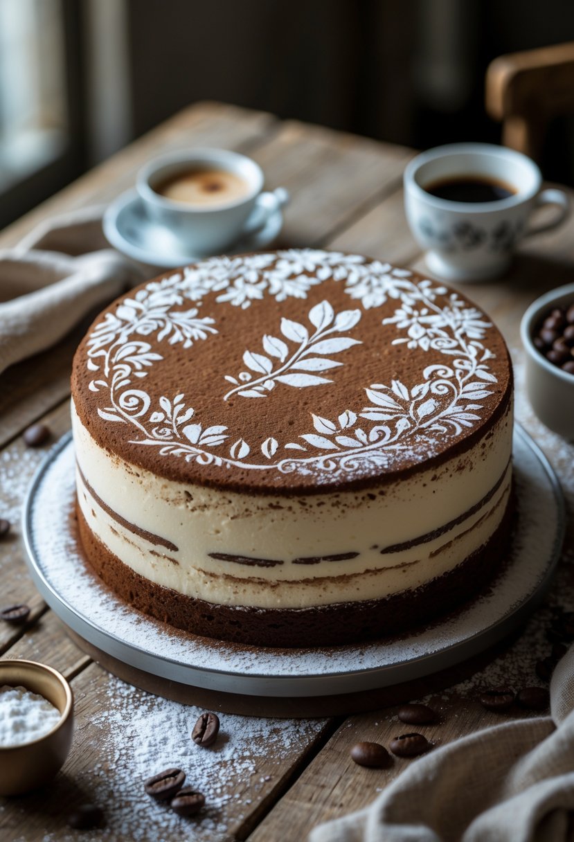 A tiramisu cake decorated with powdered sugar stencil designs on a wooden table, surrounded by coffee beans and a cup of espresso.