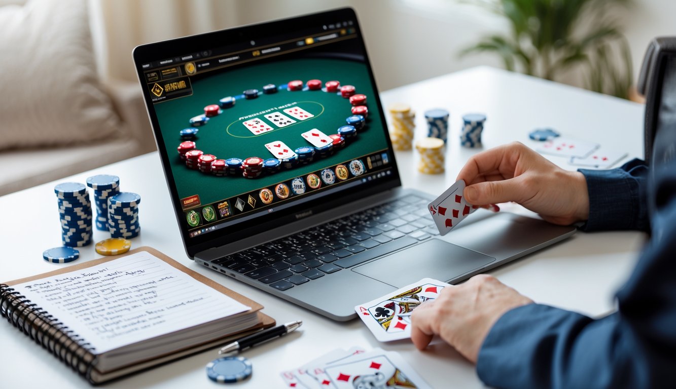 Meja dengan laptop yang menampilkan permainan poker online Texas Hold'em, tumpukan chip poker, kartu bermain, dan buku catatan strategi, dengan tangan seseorang memegang kartu.