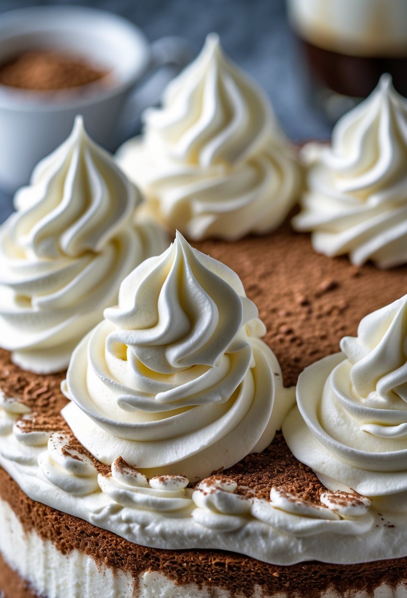 Close-up of whipped cream swirls on a tiramisu cake with cocoa powder and layered dessert visible underneath.