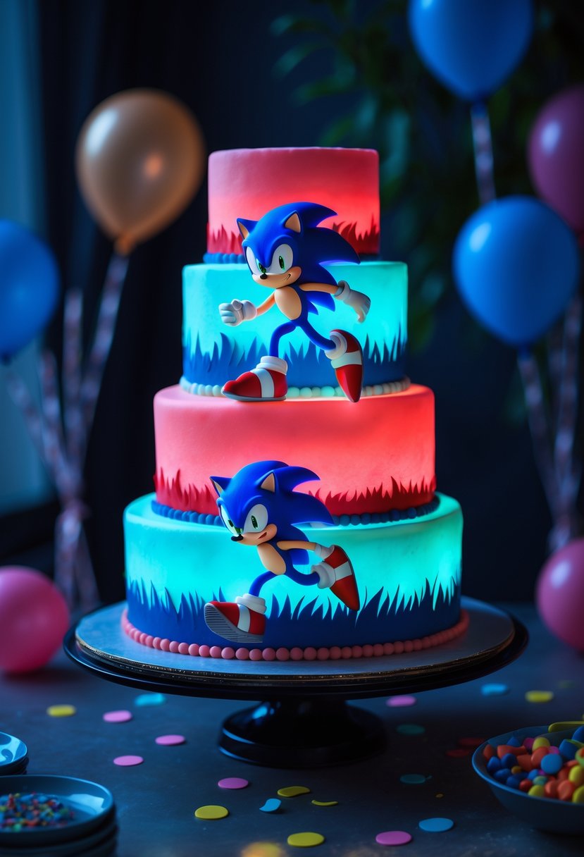 A multi-tiered Sonic the Hedgehog birthday cake glowing softly in a dim room with colorful birthday decorations around it.