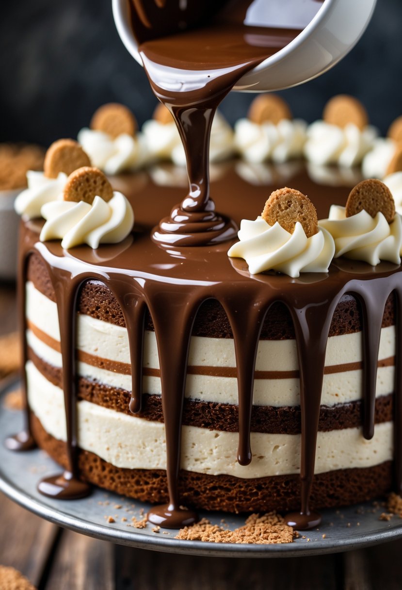 A close-up of chocolate ganache being poured over a layered tiramisu cake on a wooden surface.