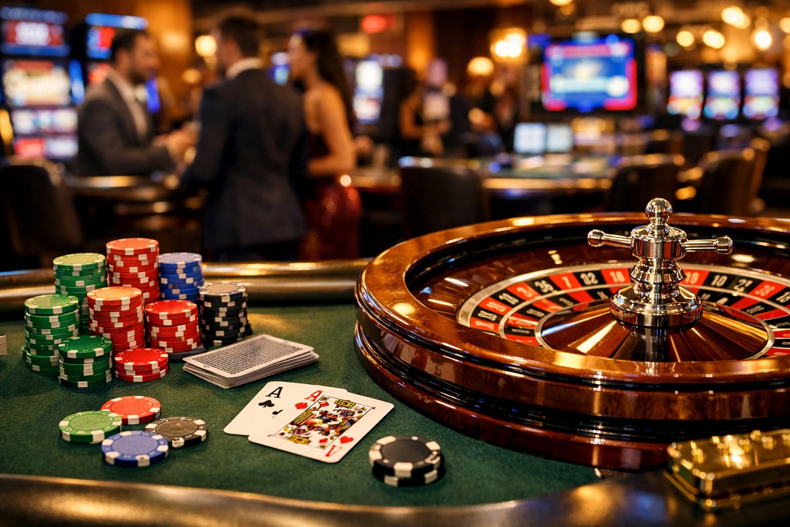 A Modern Casino Scene With A Gaming Table Featuring Poker Chips, Playing Cards, And A Roulette Wheel, With People And Slot Machines In The Background.