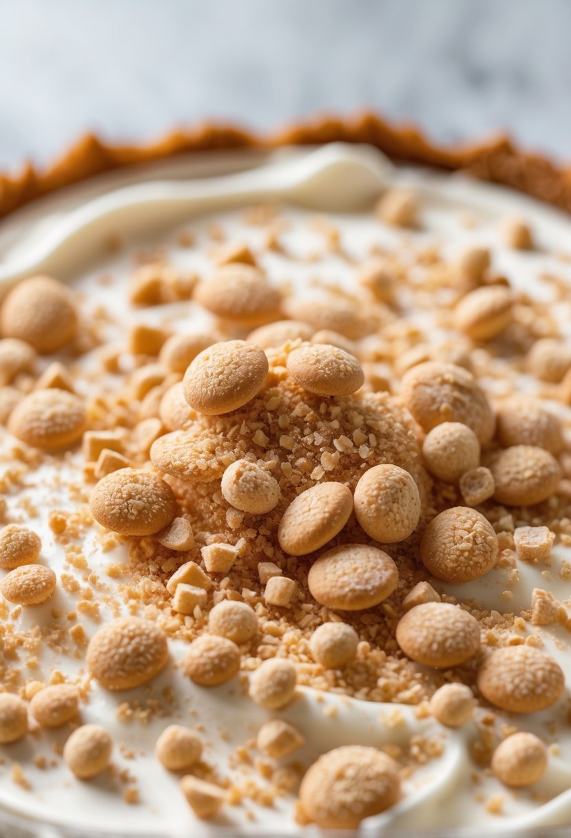 Close-up of a tiramisu cake topped with crushed amaretti biscuit sprinkles.