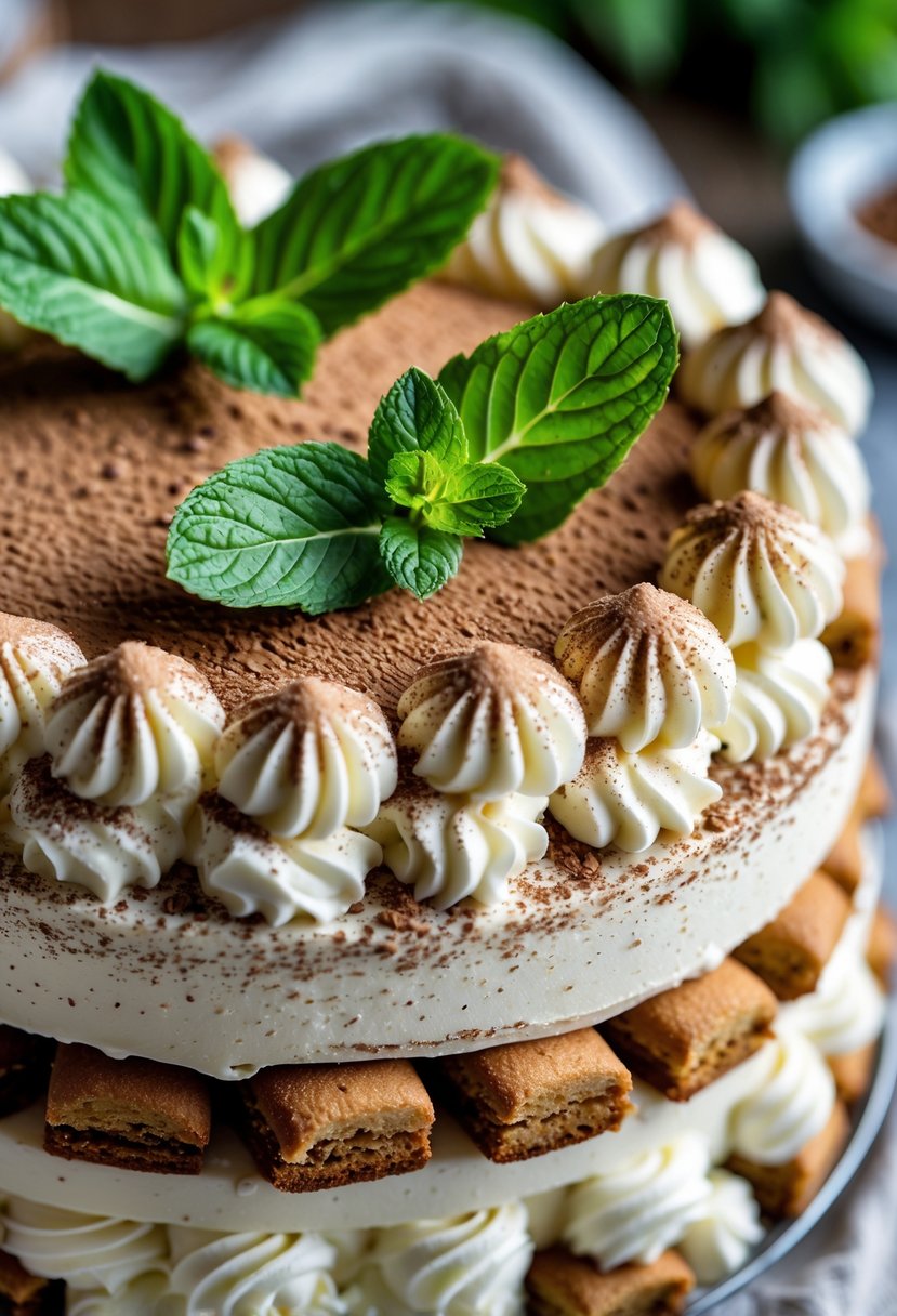 Close-up of a tiramisu cake decorated with fresh mint leaves on top.