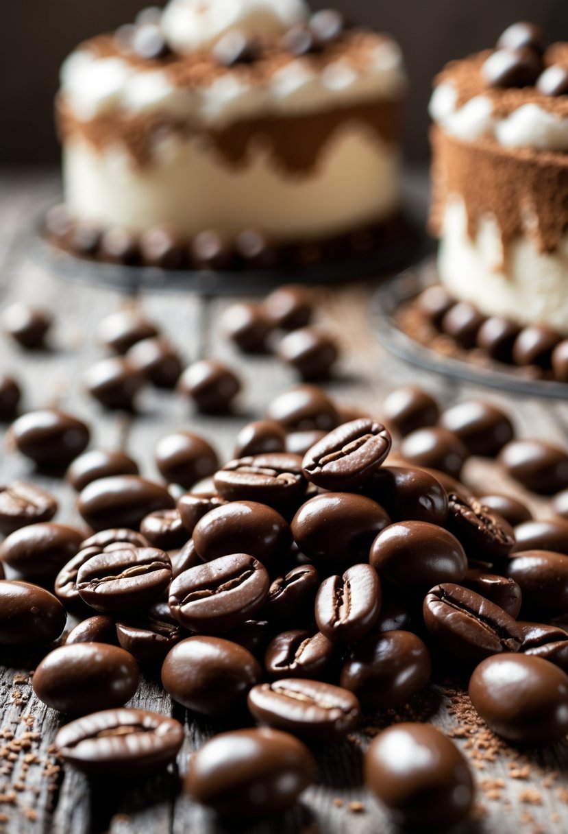 Close-up of chocolate-covered coffee beans scattered on a wooden surface with slices of tiramisu cake decorated with cocoa powder and coffee beans in the background.