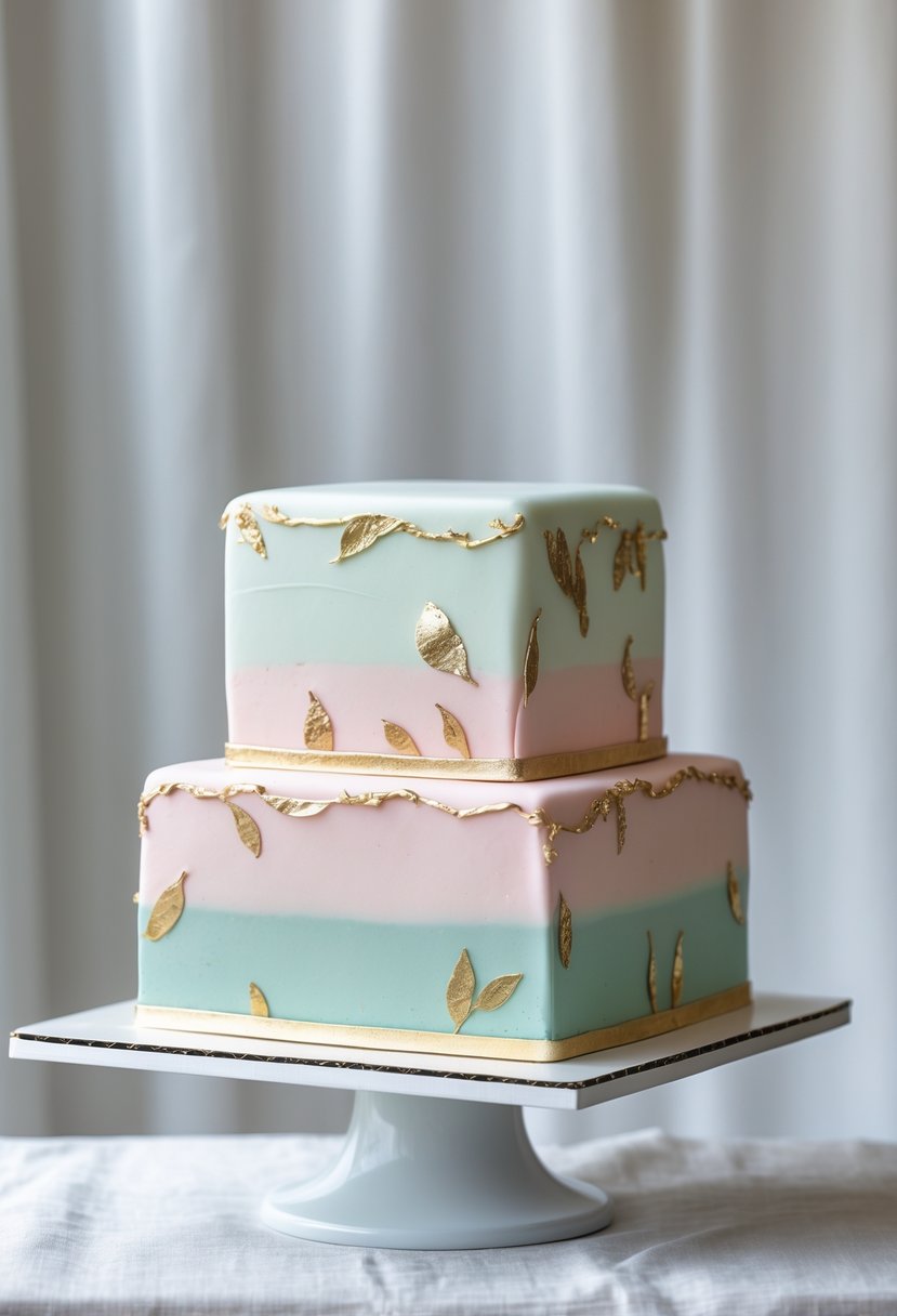 Two-tier square birthday cake with pastel fondant and gold leaf accents on a white cake stand.