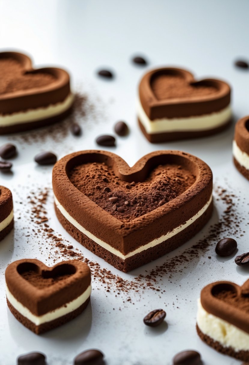 Close-up of heart shapes made with cocoa powder on a white surface surrounded by tiramisu cake elements.