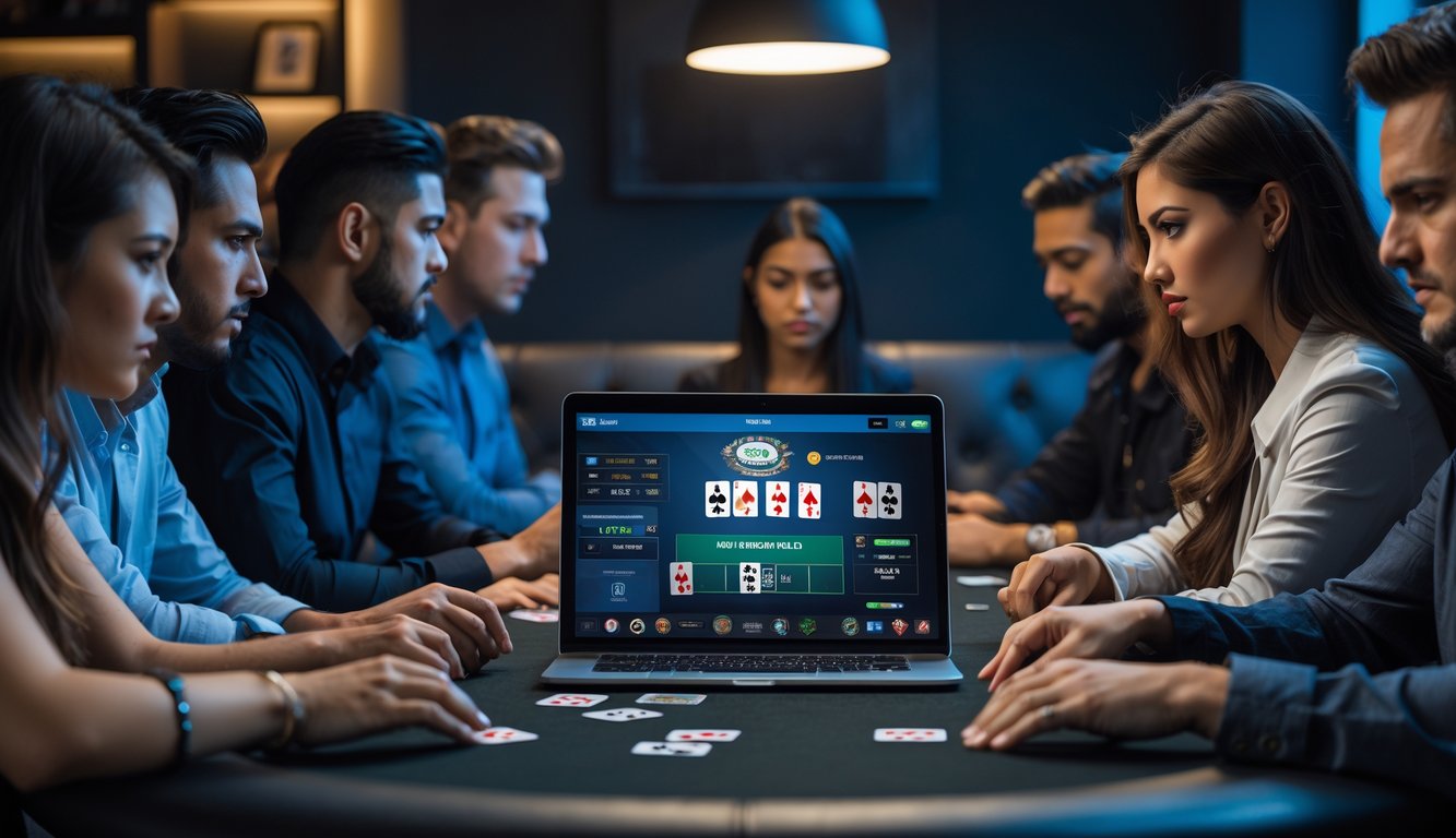 Beberapa orang serius bermain poker online di depan komputer dengan kartu dan chip di meja.