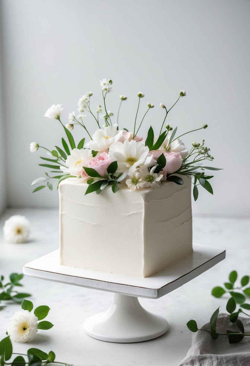 A white square birthday cake decorated with fresh flowers on a white cake stand.