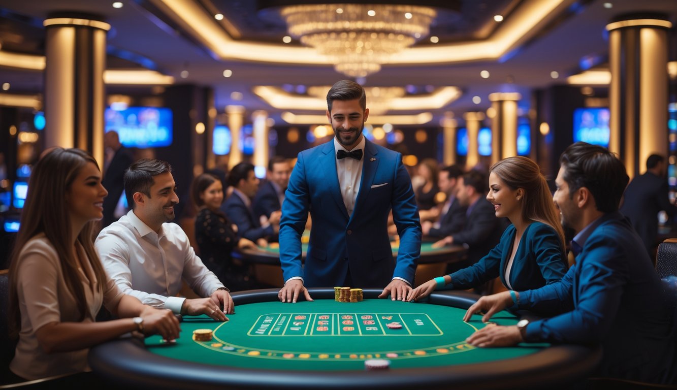 Seorang dealer profesional di meja permainan kasino langsung dengan pemain yang antusias di latar belakang dalam suasana kasino yang elegan dan resmi.