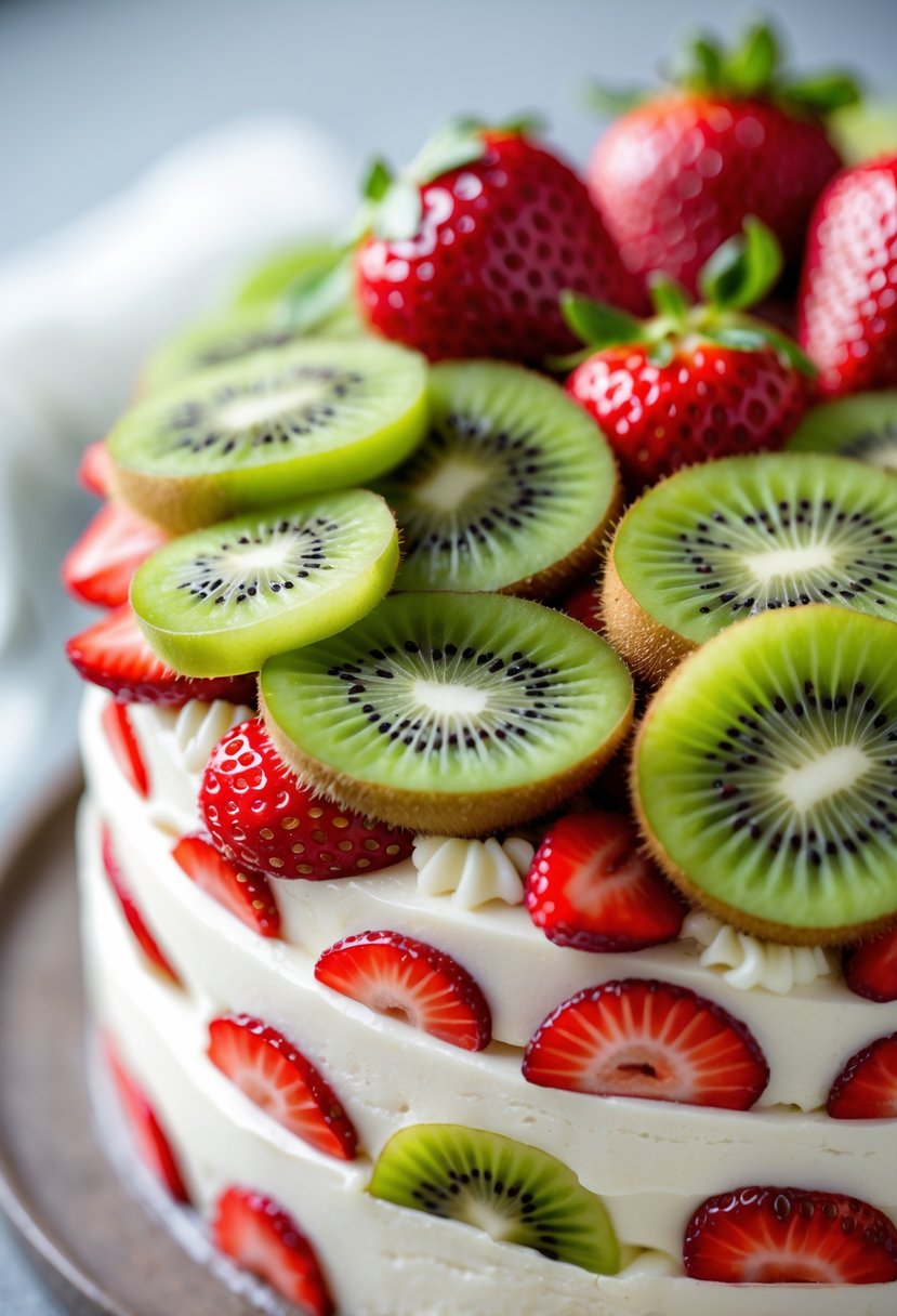 Close-up of sliced kiwi and strawberry layers arranged on a tiramisu cake.
