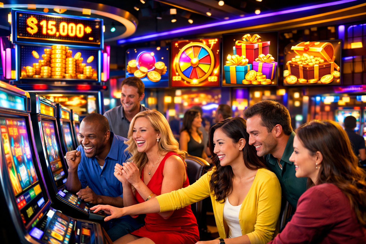 A Lively Casino Floor With People Playing Slot Machines Surrounded By Colorful Lights And Promotional Displays.