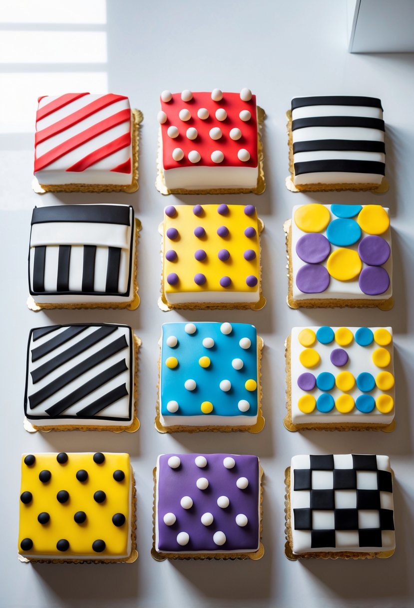 A display of sixteen square birthday cakes with colorful geometric patterns arranged on a white surface.