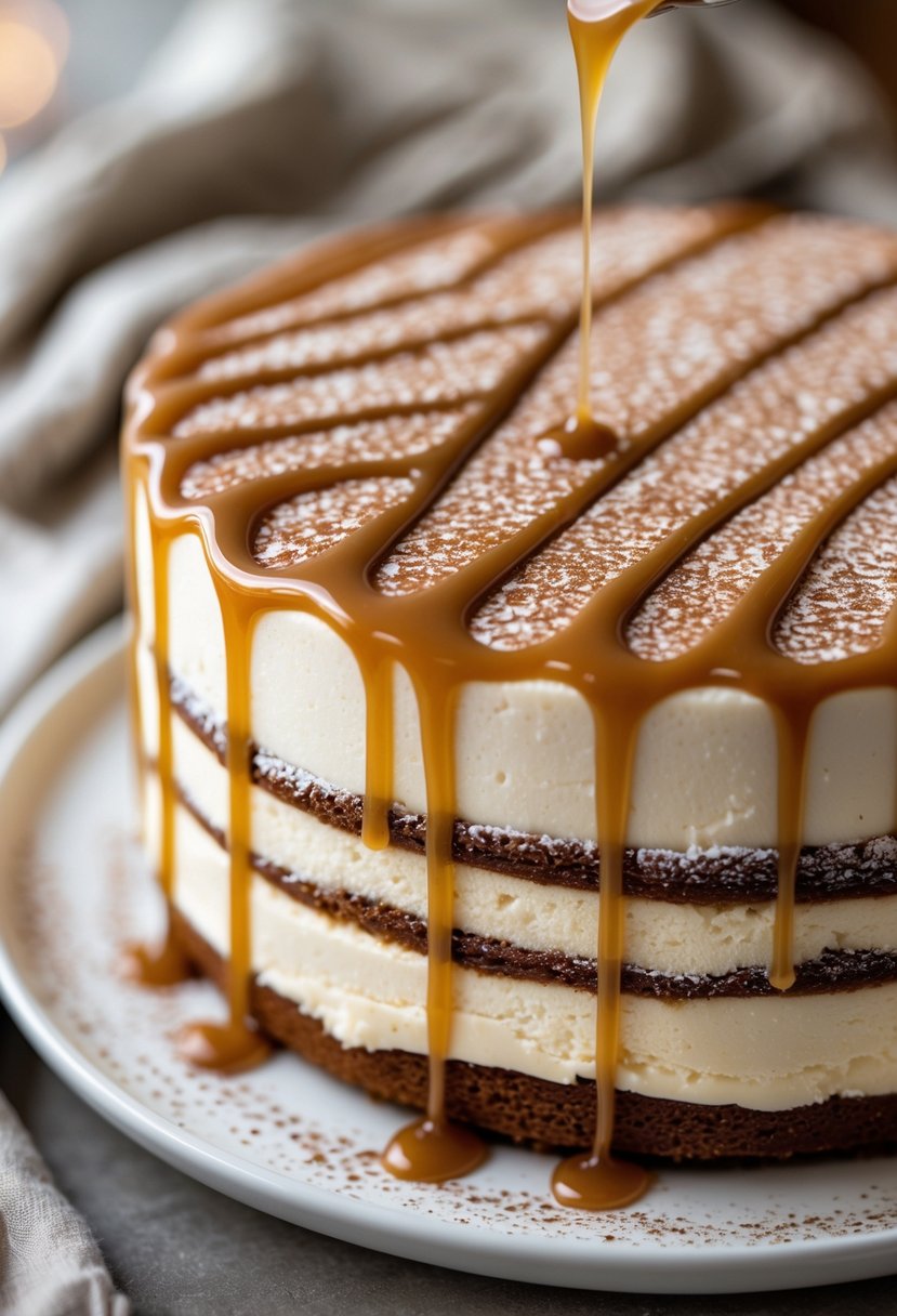 Close-up of a tiramisu cake with caramel drizzle on top, displayed on a white plate.