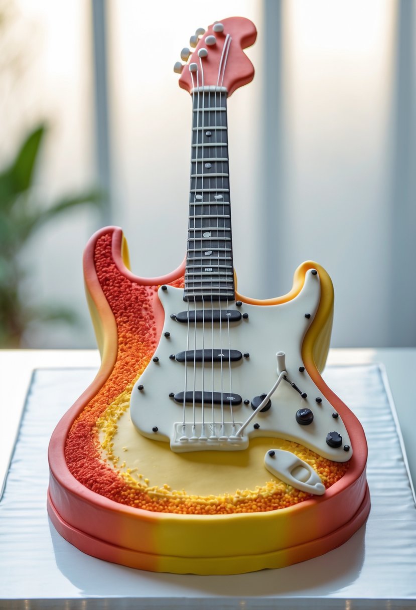 A detailed electric guitar-shaped cake with edible strings on a white surface.