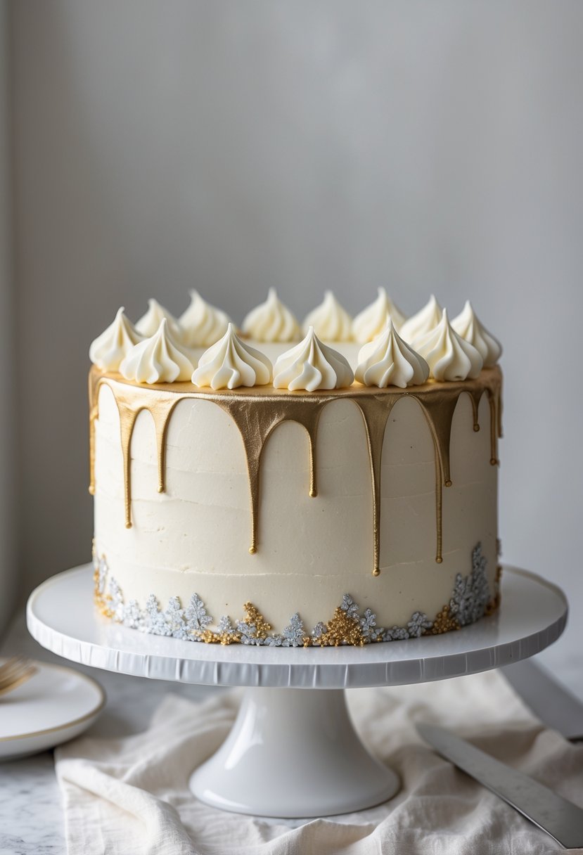 A 16 square birthday cake with smooth buttercream frosting and metallic paint accents on a white cake stand.