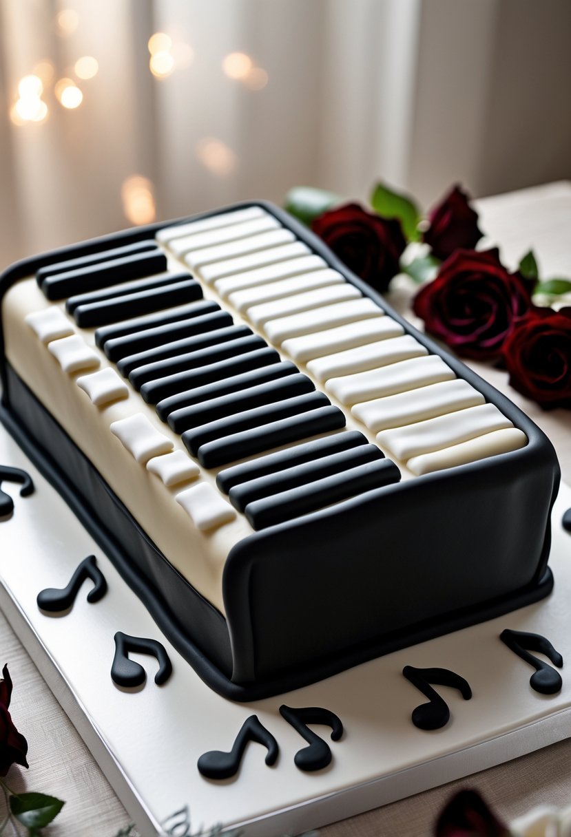 A rectangular cake designed to look like a piano keyboard with black and white keys, decorated with small edible music notes and dark-colored roses.