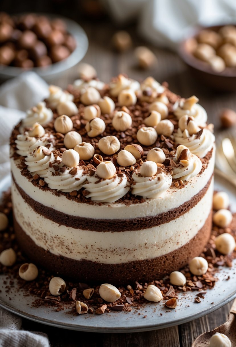 Close-up of a tiramisu cake topped with hazelnut pieces on a wooden surface.