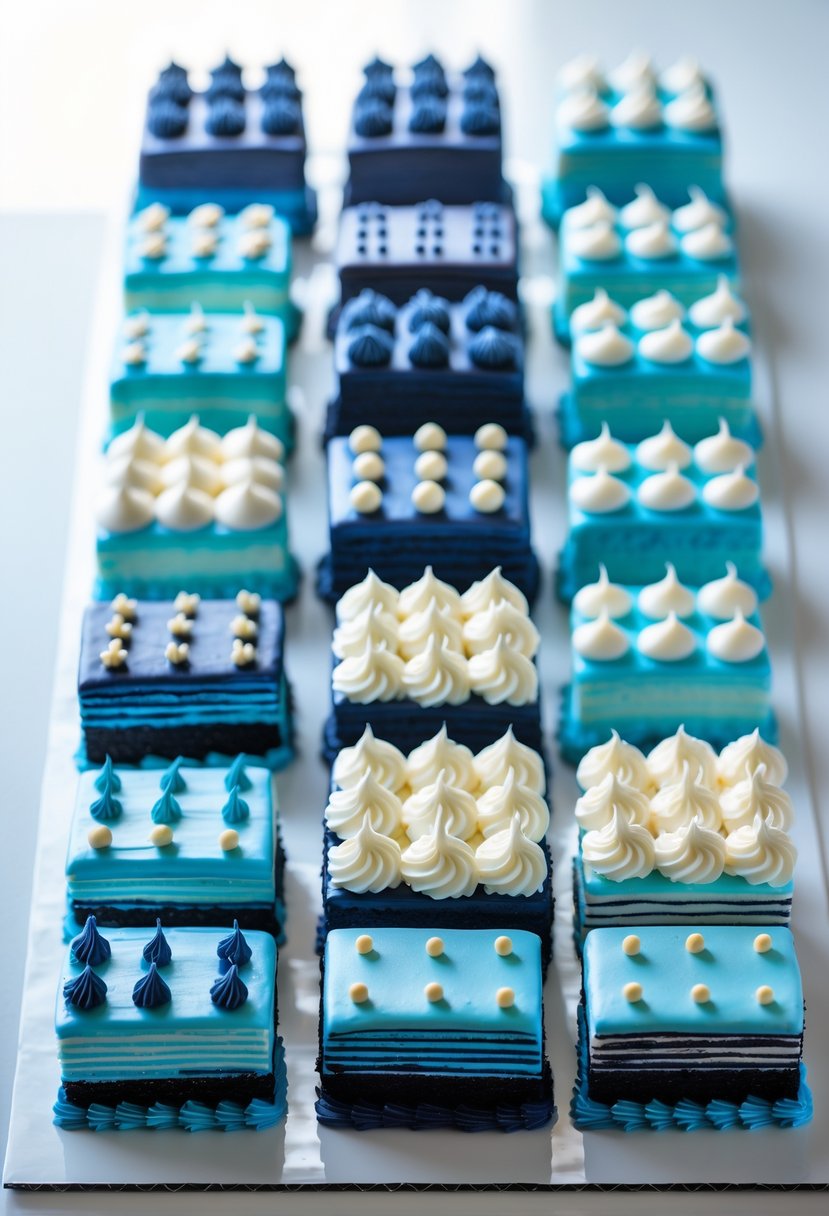 A collection of 16 square birthday cakes with blue ombre frosting arranged on a white surface.