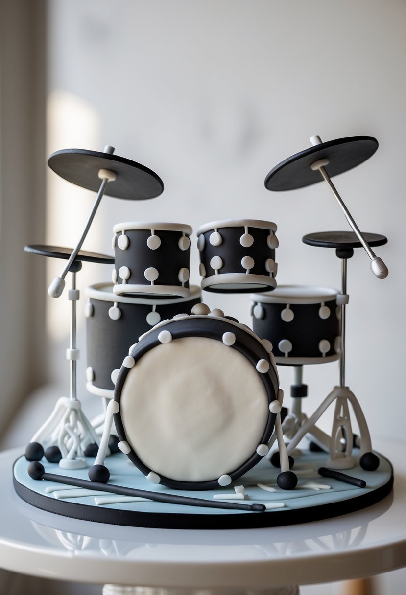 A cake shaped like a drum set with fondant drumsticks on top, displayed on a white surface.