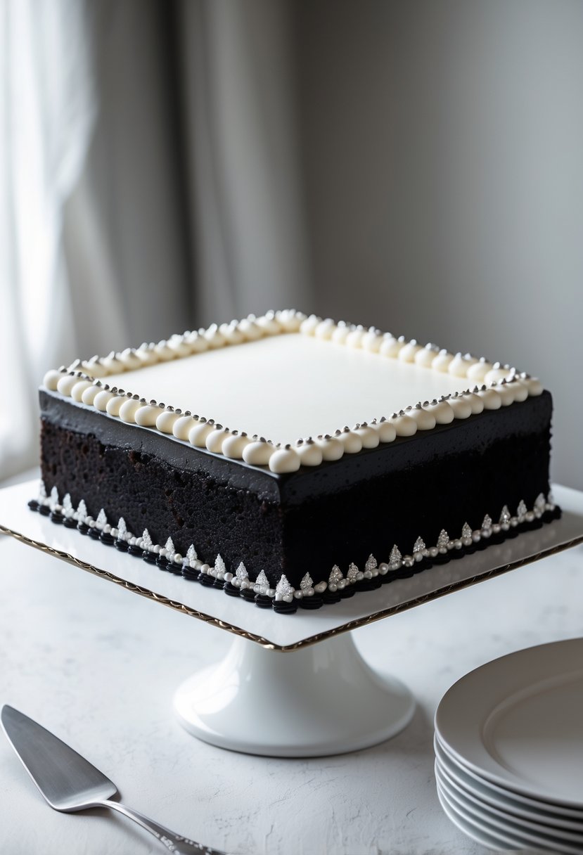 A square black velvet birthday cake with white fondant and silver decorations on a white cake stand.