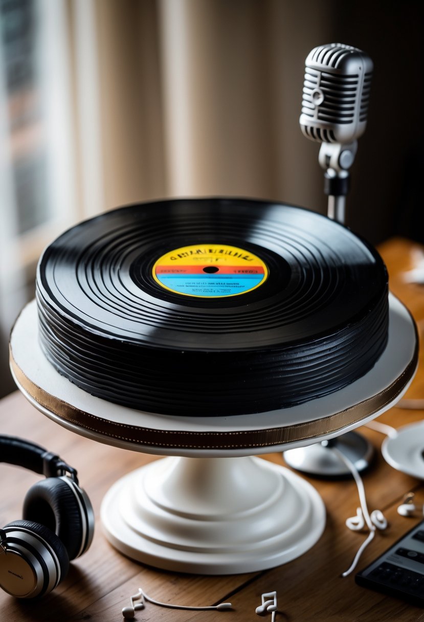 A vinyl record-shaped cake on a white stand with music-themed decorations on a wooden table.