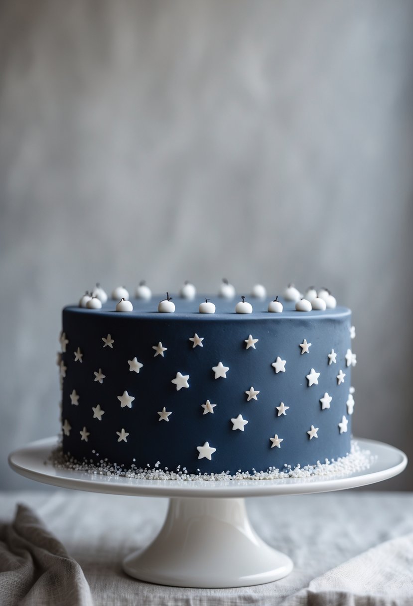 A square birthday cake covered in matte navy blue fondant with star-shaped sprinkles on top and sides, displayed on a white cake stand.