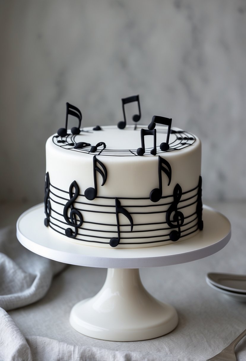 A white cake decorated with black musical notes and staff lines on a white cake stand.