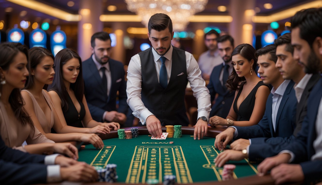 Seorang dealer dan beberapa pemain duduk di meja baccarat di kasino, fokus pada permainan kartu.