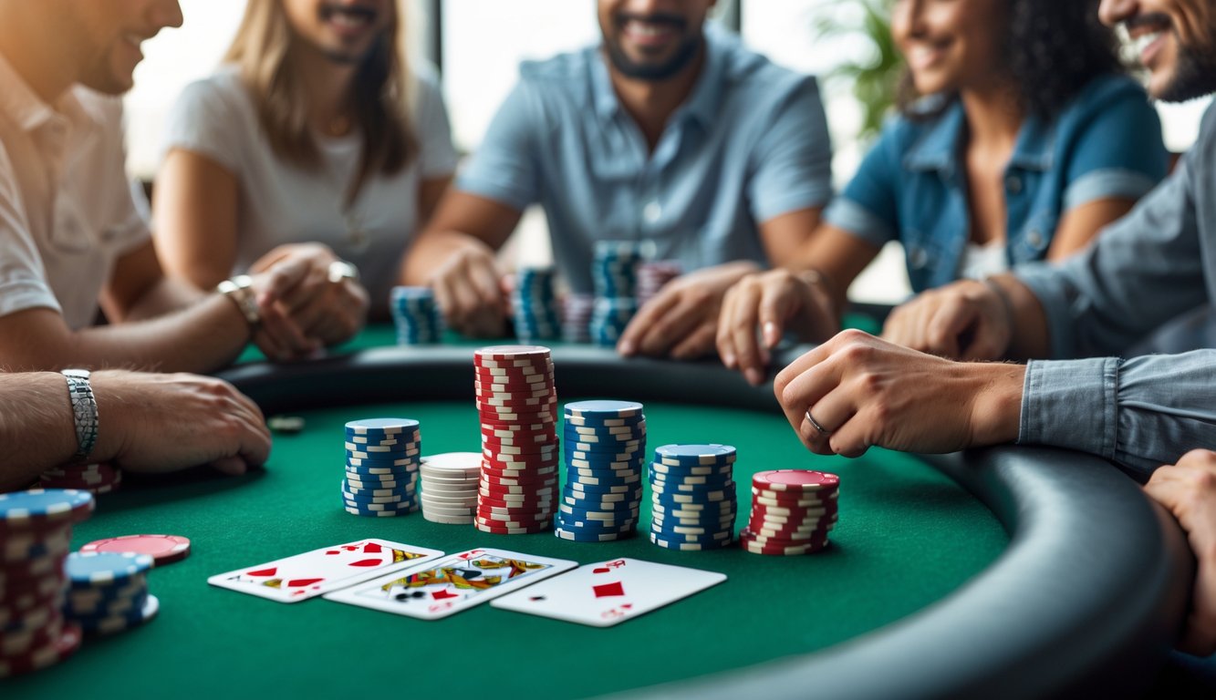 Meja poker dengan tumpukan chip kecil dan kartu bermain, beberapa pemain sedang fokus bermain poker Texas Hold'em.