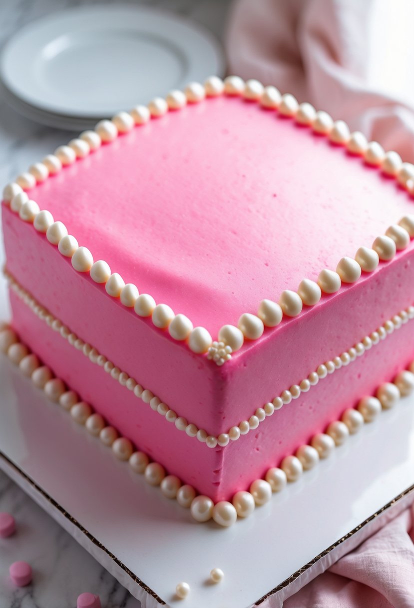 A bright pink square birthday cake decorated with smooth fondant and white sugar pearl piping on a white cake board.