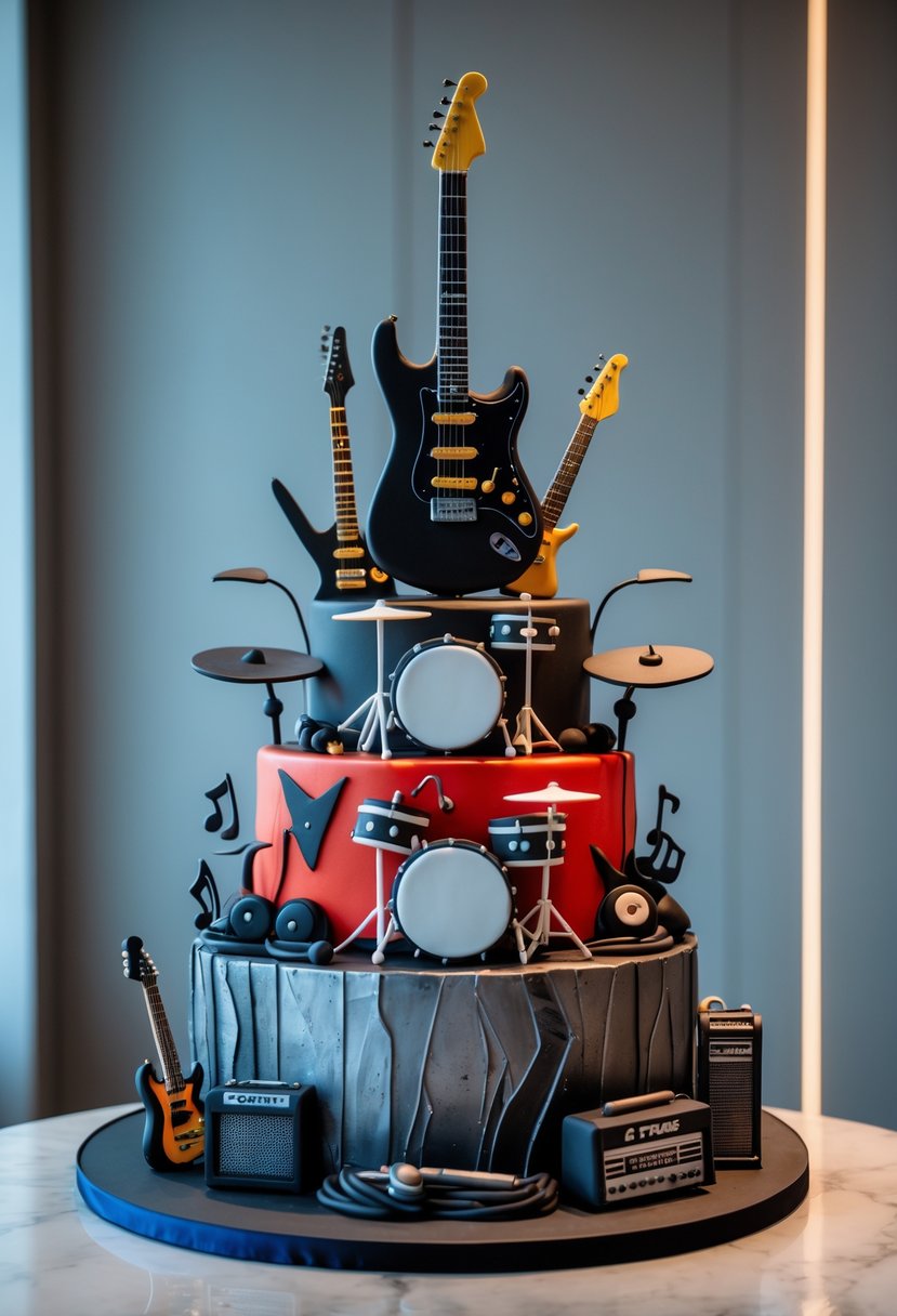 A multi-tiered cake decorated with rock band themed elements like guitars, drums, and musical notes on a plain surface.