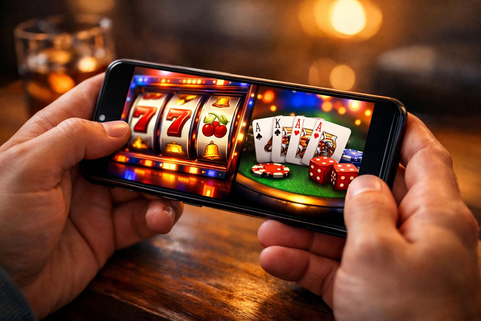 A Person Holding A Smartphone Showing Colorful Casino Game Graphics In A Cozy Indoor Setting.