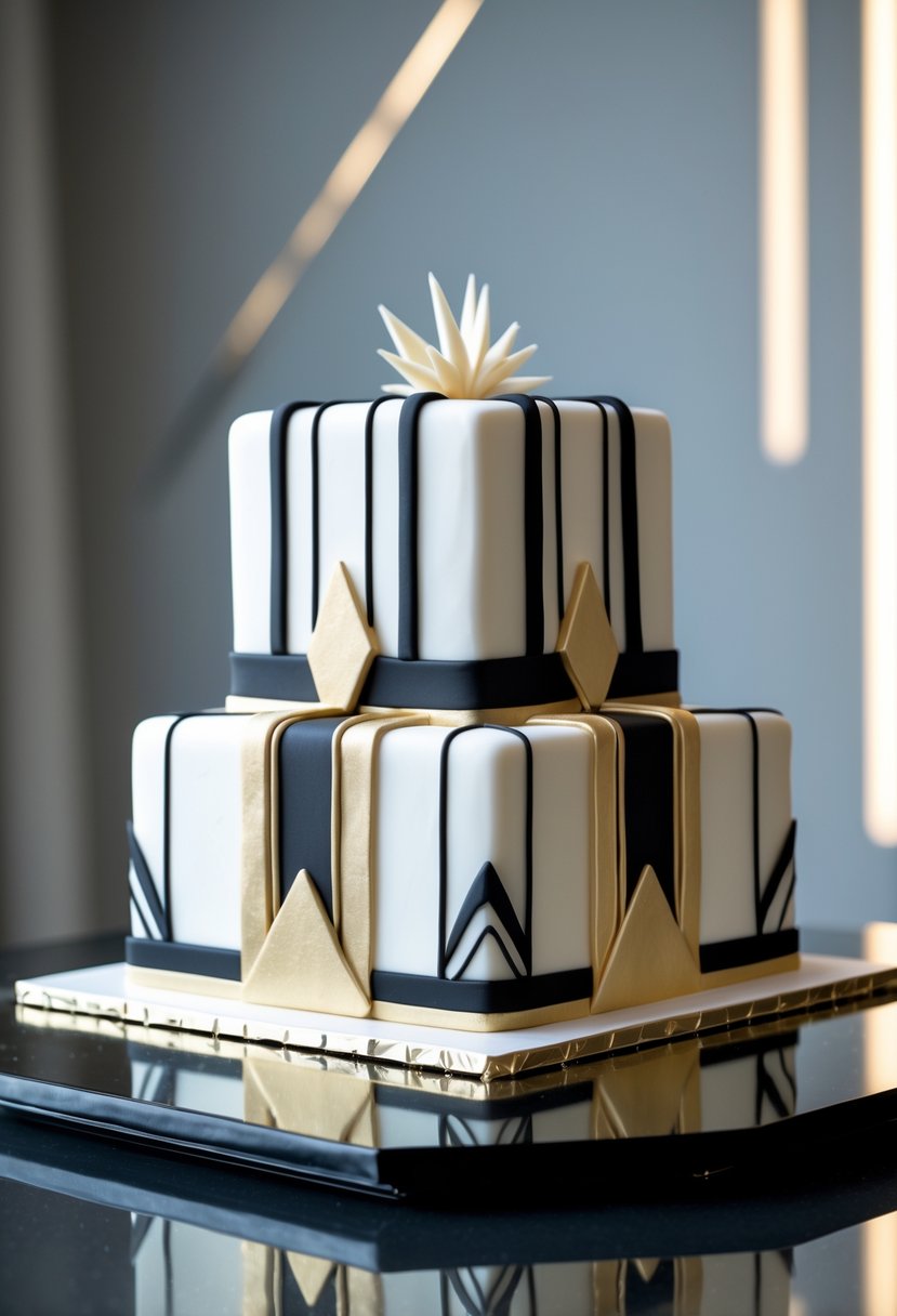 A square birthday cake with geometric decorations on a reflective surface.