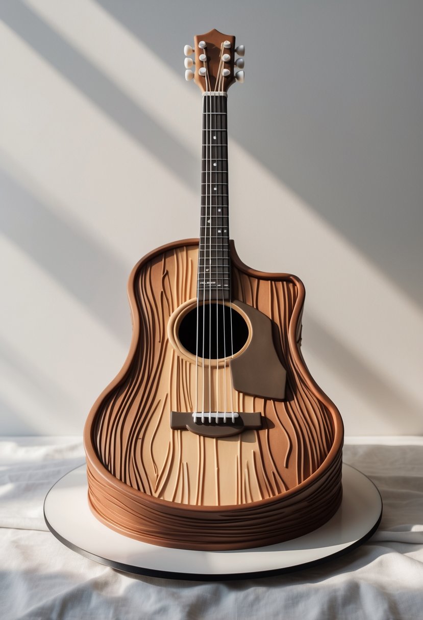 A cake shaped like an acoustic guitar displayed on a white plate.