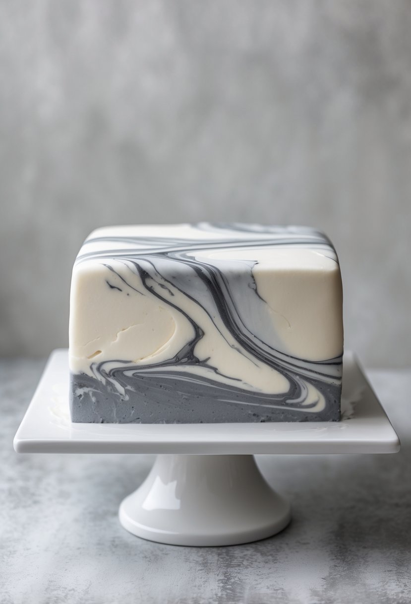 A square birthday cake with gray and white marble-patterned fondant on a white cake stand against a neutral background.